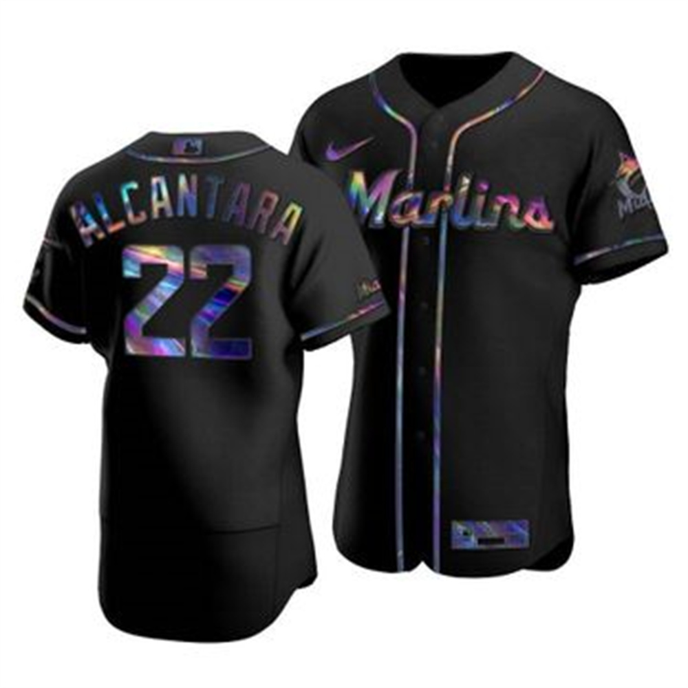 Miami Marlins #22 Sandy Alcantara Men's Nike Iridescent Holographic Collection MLB Jersey - Black