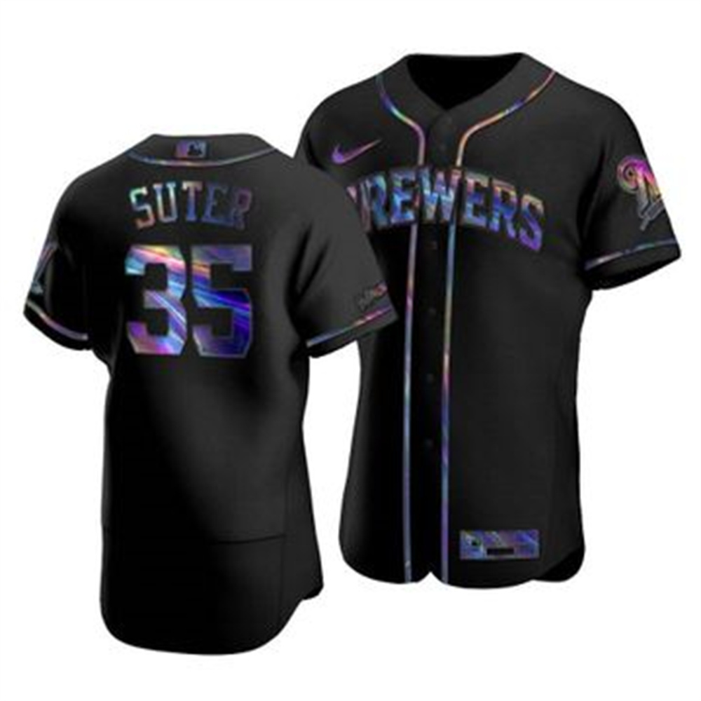 Milwaukee Brewers #35 Brent Suter Men's Nike Iridescent Holographic Collection MLB Jersey - Black