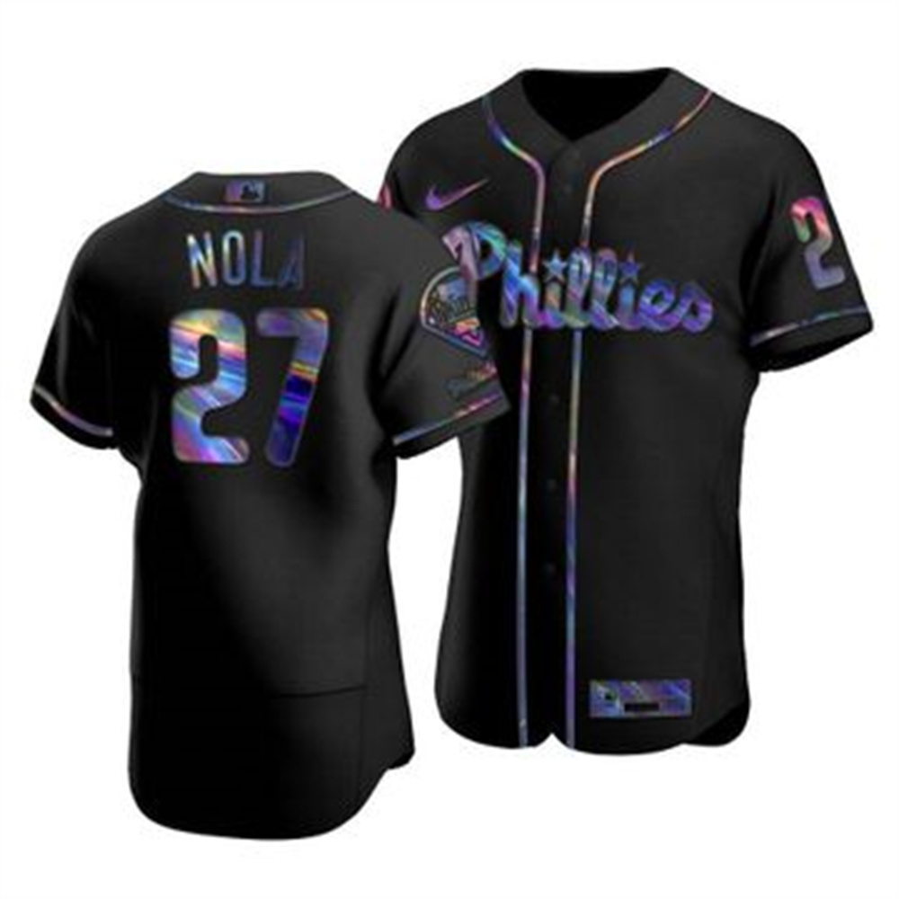 Philadelphia Phillies #27 Aaron Nola Men's Nike Iridescent Holographic Collection MLB Jersey - Black