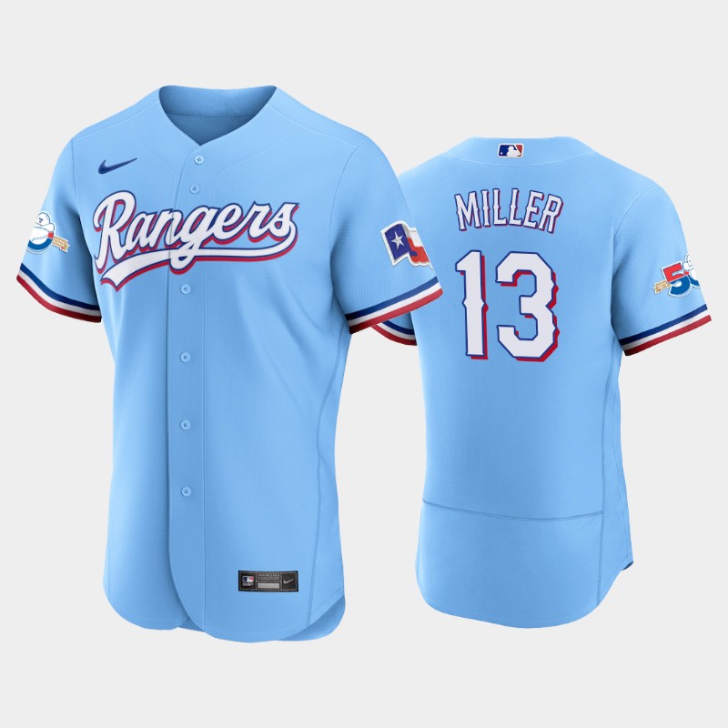 Texas Rangers #13 Brad Miller Authentic 50th Anniversary Men's Nike Alternate MLB Jersey - Light Blue