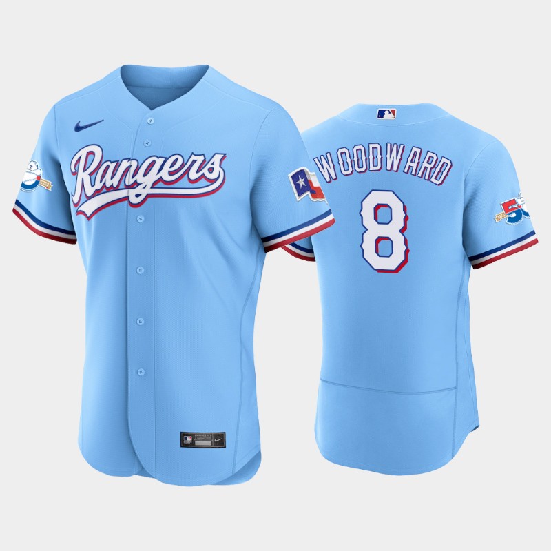 Texas Rangers #8 Chris Woodward Authentic 50th Anniversary Men's Nike Alternate MLB Jersey - Light Blue