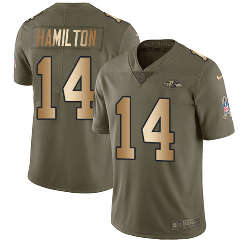 Nike Ravens #14 Kyle Hamilton Olive/Gold Men's Stitched NFL Limited 2017 Salute To Service Jersey