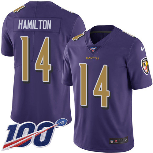 Nike Ravens #14 Kyle Hamilton Purple Men's Stitched NFL Limited Rush 100th Season Jersey