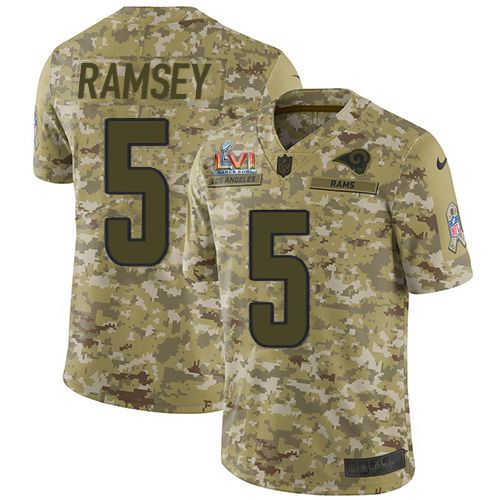 Nike Rams #5 Jalen Ramsey Camo Super Bowl LVI Patch Men's Stitched NFL Limited 2018 Salute To Service Jersey