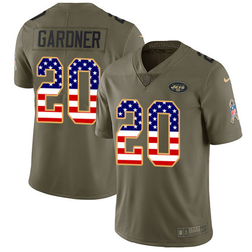 Nike Jets #20 Ahmad Sauce Gardner Olive/USA Flag Men's Stitched NFL Limited 2017 Salute To Service Jersey