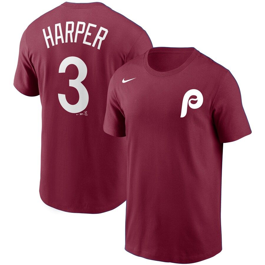 Philadelphia Phillies #3 Bryce Harper Nike Name & Number T-Shirt Burgundy