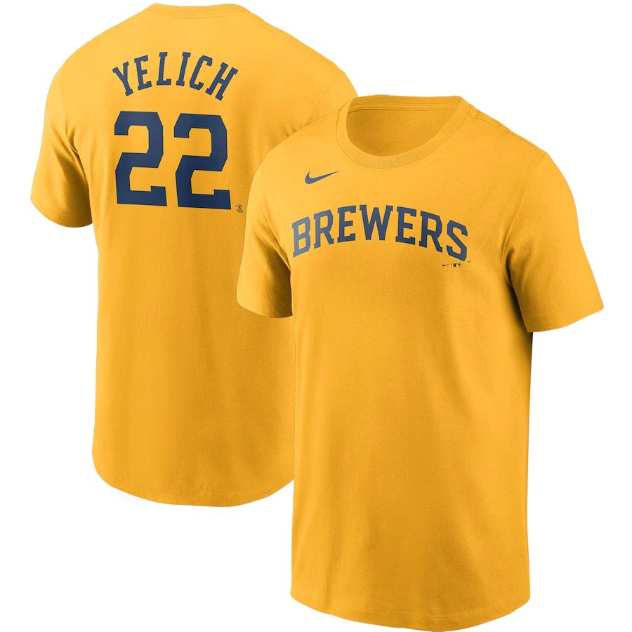 Milwaukee Brewers #22 Christian Yelich Nike Name & Number Team T-Shirt Gold