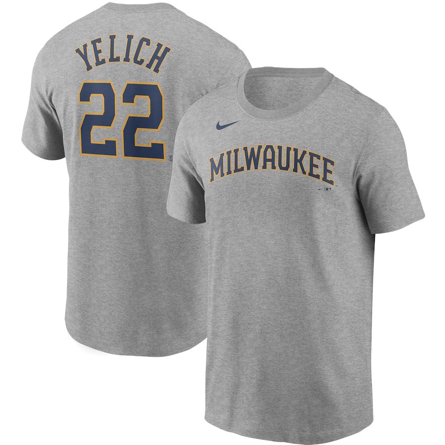 Milwaukee Brewers #22 Christian Yelich Nike Name & Number T-Shirt Gray