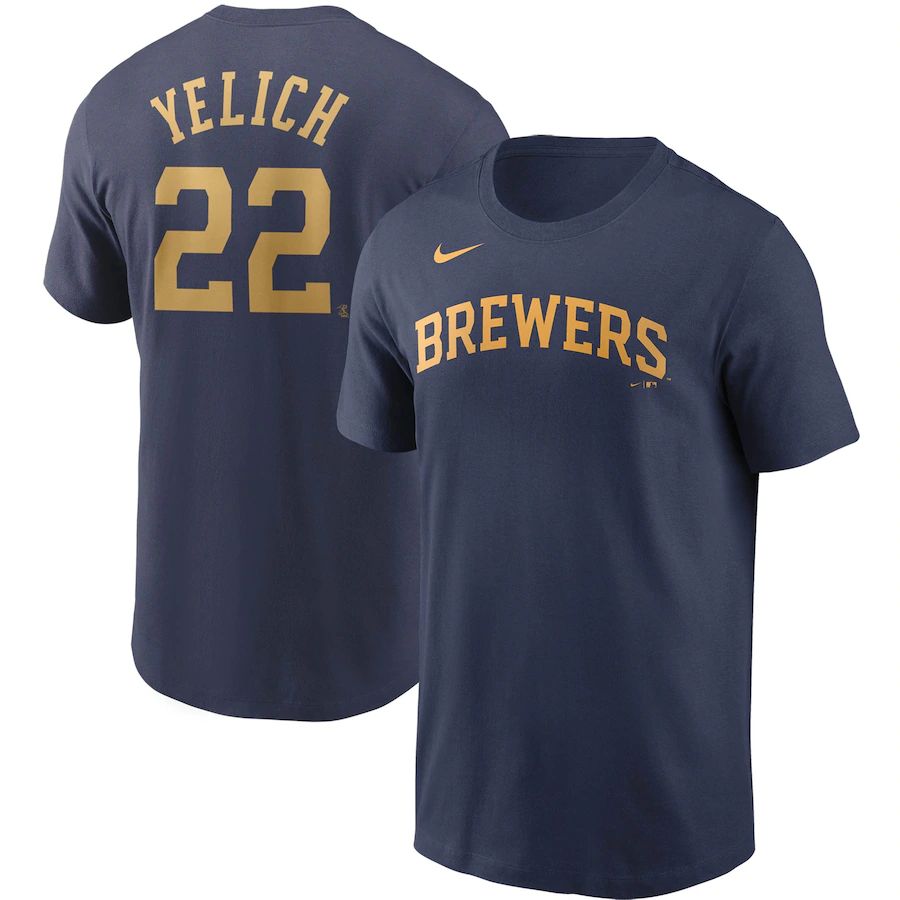 Milwaukee Brewers #22 Christian Yelich Nike Name & Number T-Shirt Navy