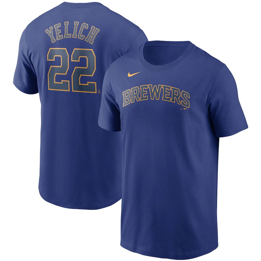 Milwaukee Brewers #22 Christian Yelich Nike Name & Number T-Shirt Royal