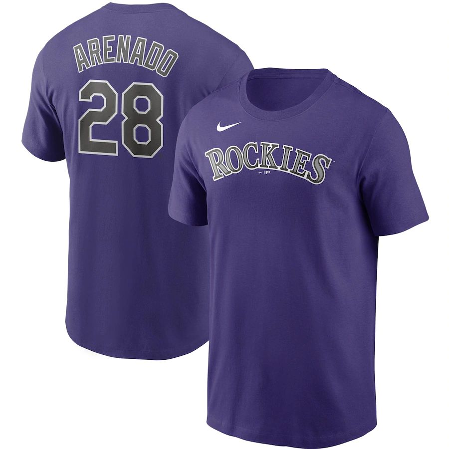 Colorado Rockies #28 Nolan Arenado Nike Name & Number T-Shirt Purple