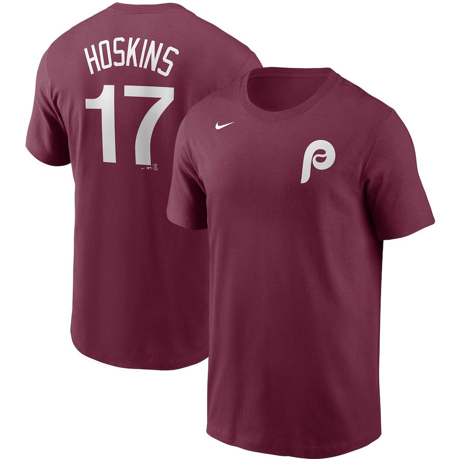 Philadelphia Phillies #17 Rhys Hoskins Nike Name & Number T-Shirt Burgundy