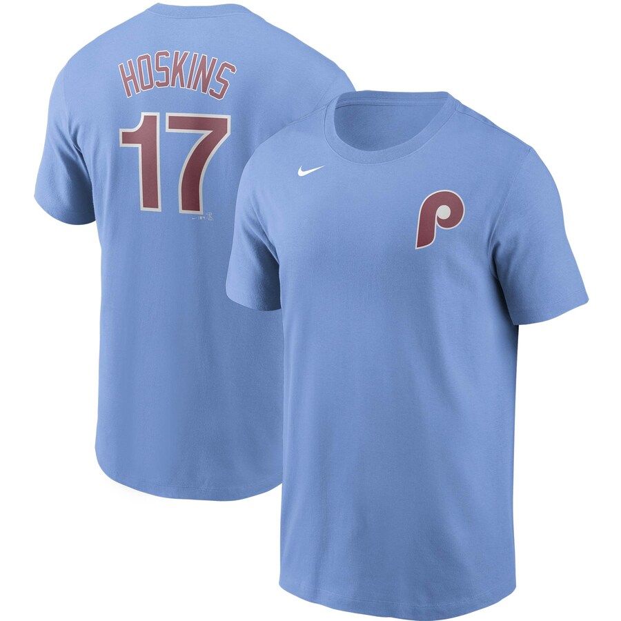 Philadelphia Phillies #17 Rhys Hoskins Nike Name & Number T-Shirt Light Blue