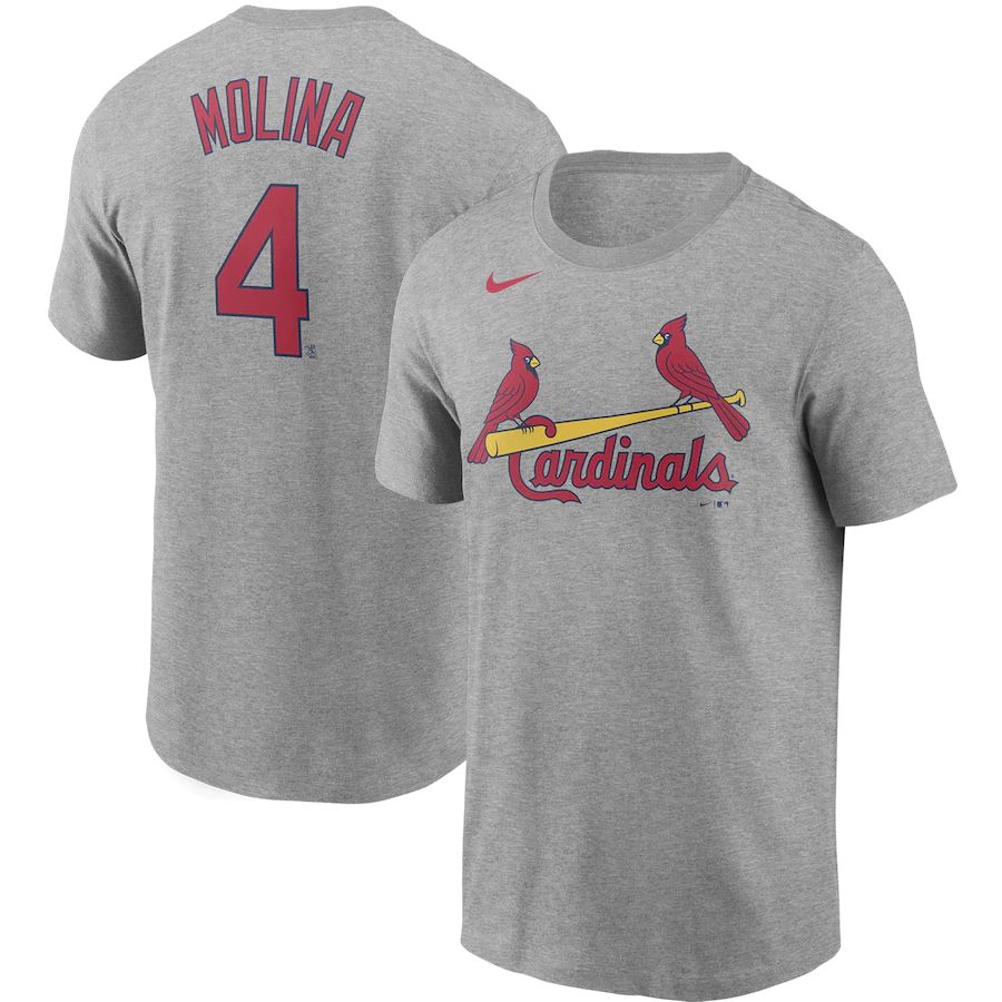 St. Louis Cardinals #4 Yadier Molina Nike Name & Number T-Shirt Gray