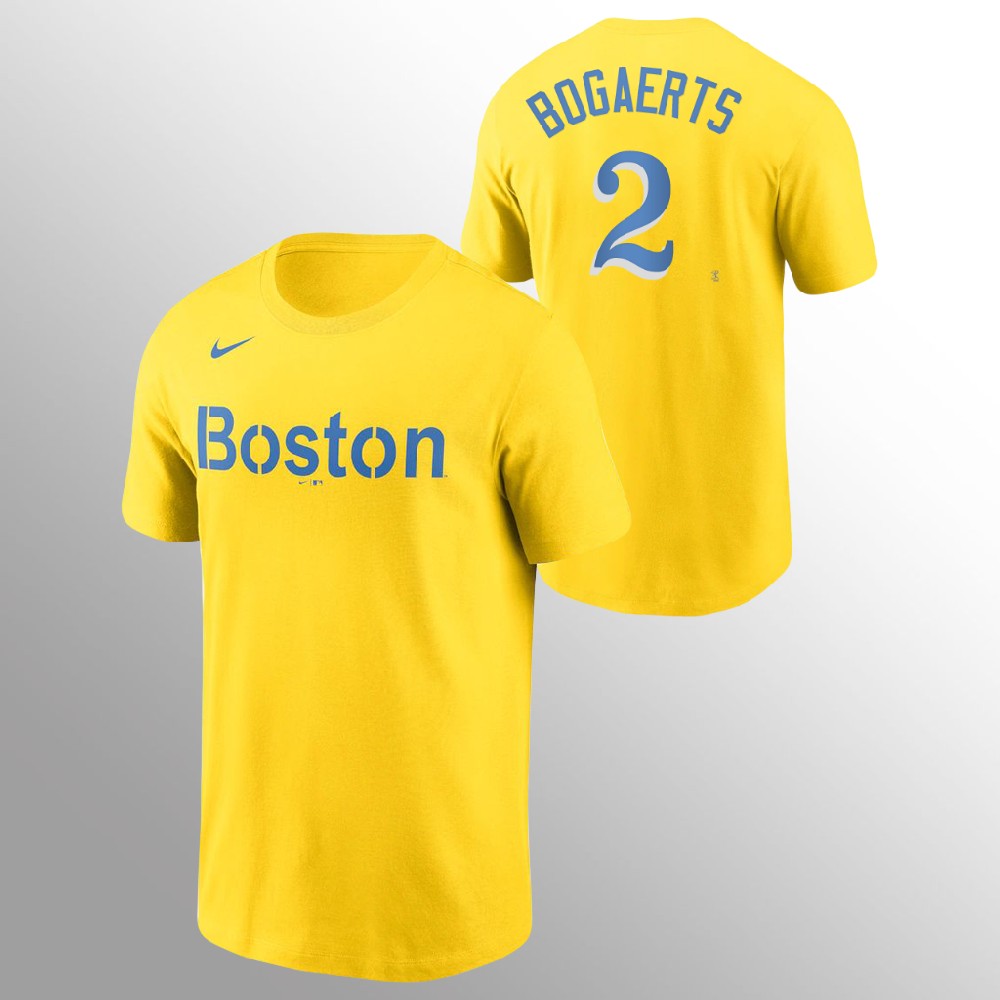 Boston Red Sox #2 Xander Bogaerts Men's 2021 City Connect Gold Name & Number T-Shirt