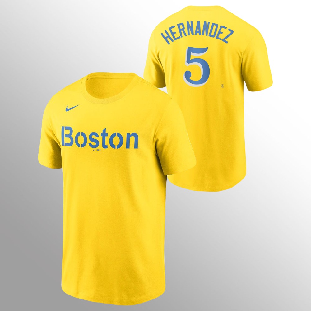 Boston Red Sox #5 Enrique Hernandez Men's 2021 City Connect Gold Name & Number T-Shirt