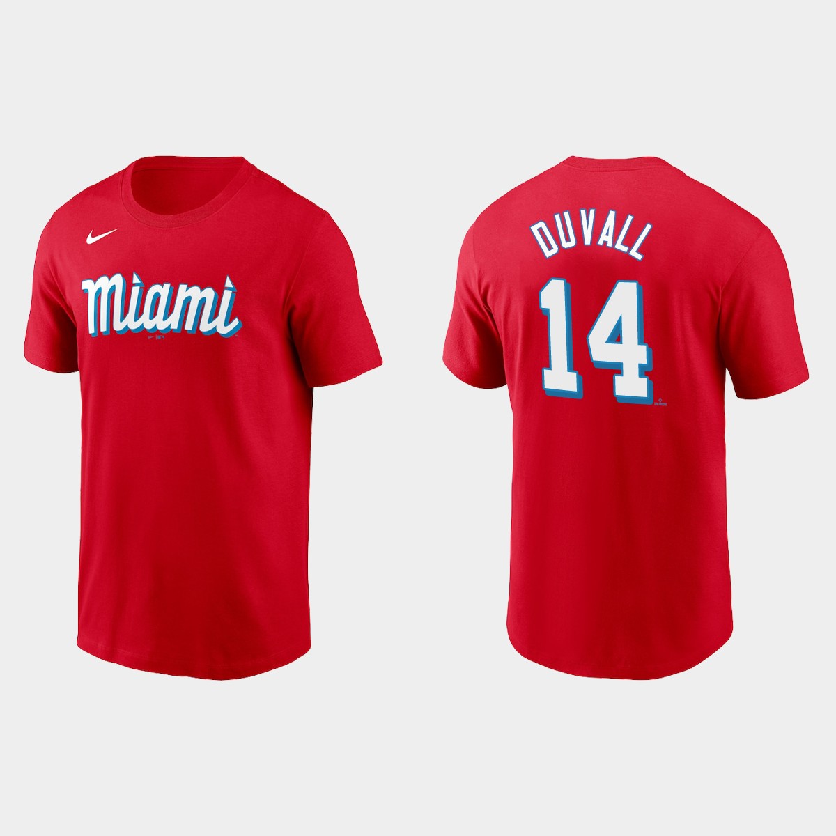 Miami Marlins #14 Adam Duvall Men's Nike 2021 City Connect Wordmark T-Shirt Red