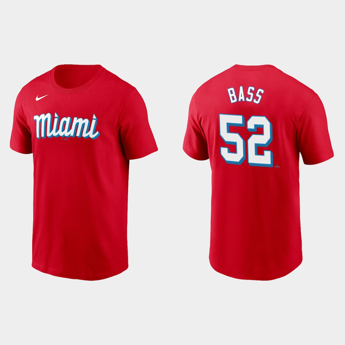 Miami Marlins #52 Anthony Bass Men's Nike 2021 City Connect Wordmark T-Shirt Red