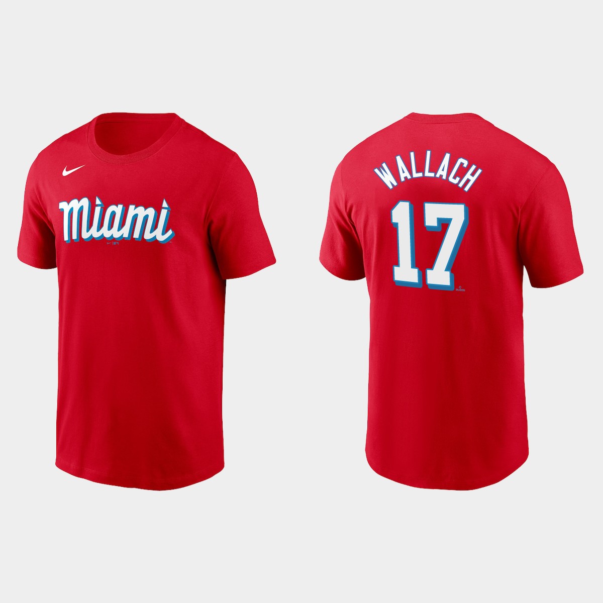 Miami Marlins #17 Chad Wallach Men's Nike 2021 City Connect Wordmark T-Shirt Red