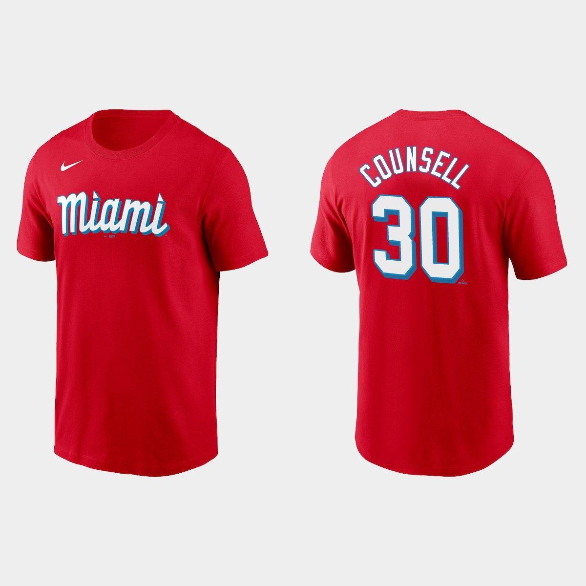 Miami Marlins #30 Craig Counsell Men's Nike 2021 City Connect Wordmark T-Shirt Red