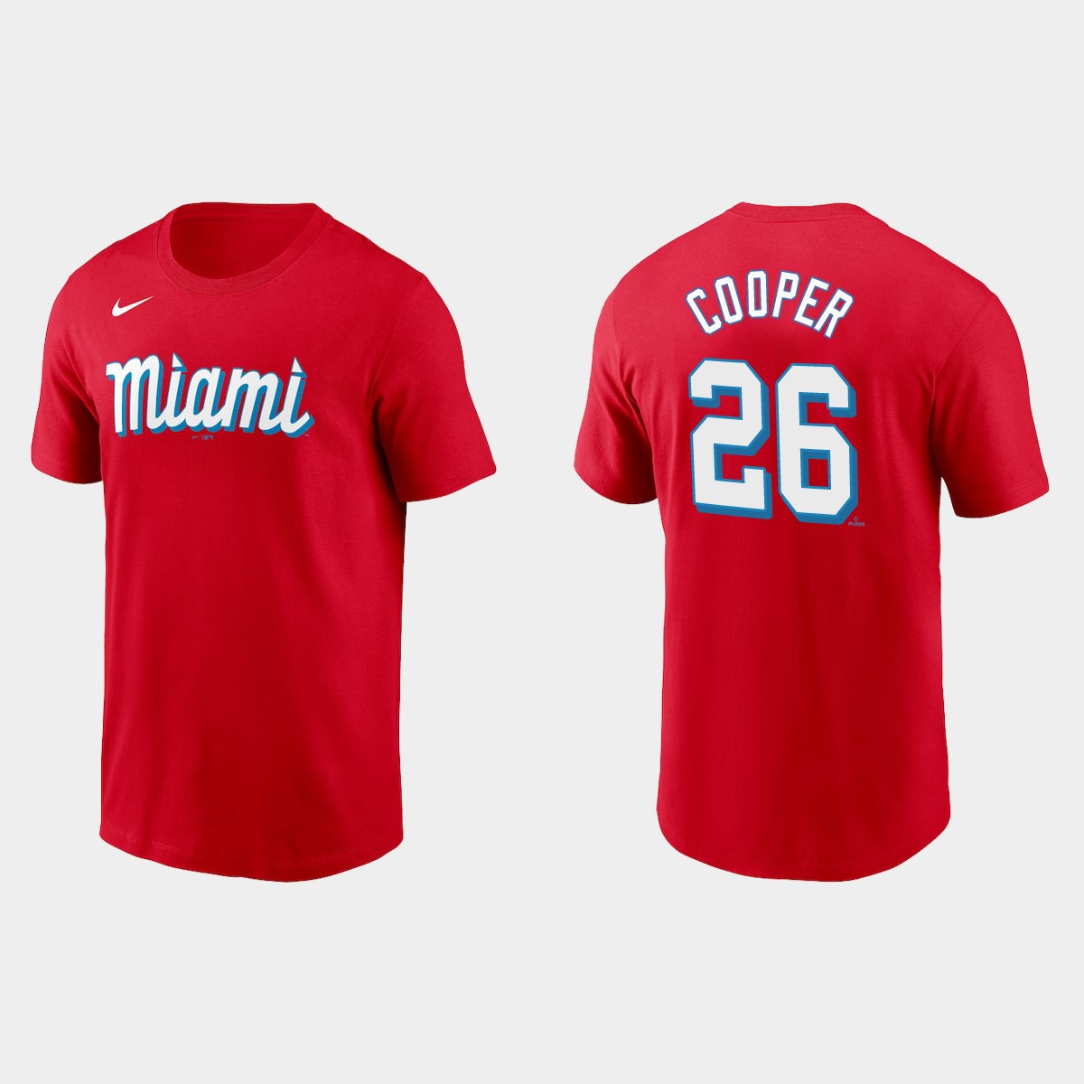 Miami Marlins #26 Garrett Cooper Men's Nike 2021 City Connect Wordmark T-Shirt Red