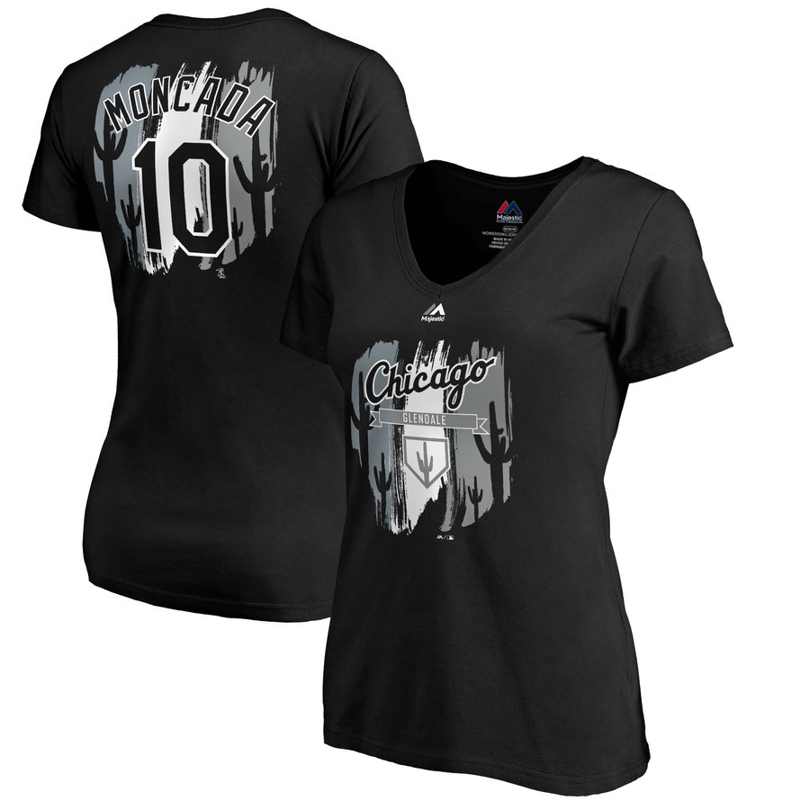 Chicago White Sox #10 Yoan Moncada Majestic Women's 2019 Spring Training Name & Number V-Neck T-Shirt Black