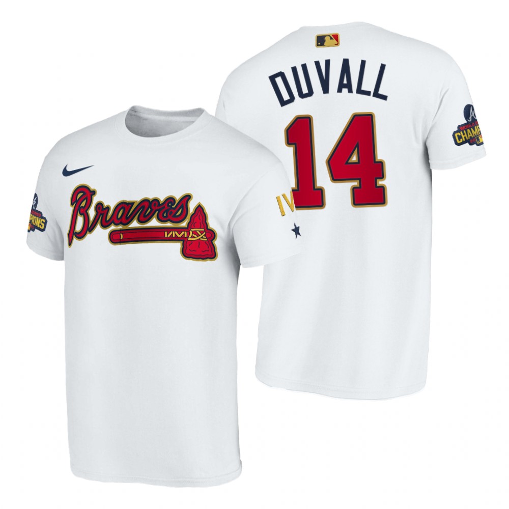 Atlanta Braves #14 Adam Duvall White Nike 2022 Gold Program T-Shirt