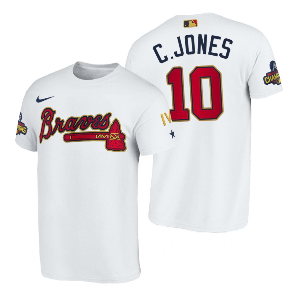 Atlanta Braves #10 Chipper Jones Navy Nike 2022 Gold Progra T-Shirt