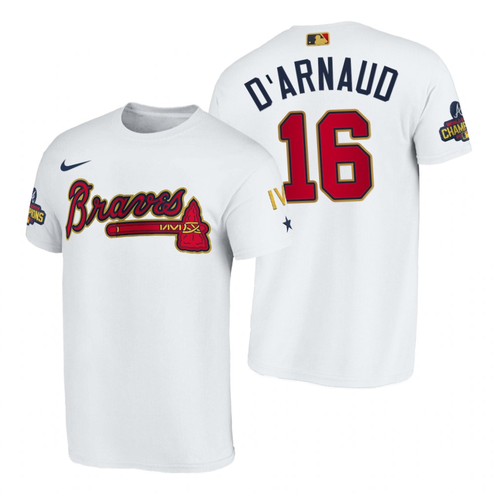 Atlanta Braves #16 Travis D'Arnaud Navy Nike 2022 Gold Progra T-Shirt