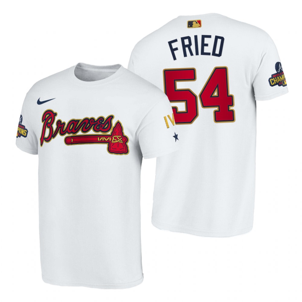 Atlanta Braves #54 Max Fried Navy Nike 2022 Gold Progra T-Shirt