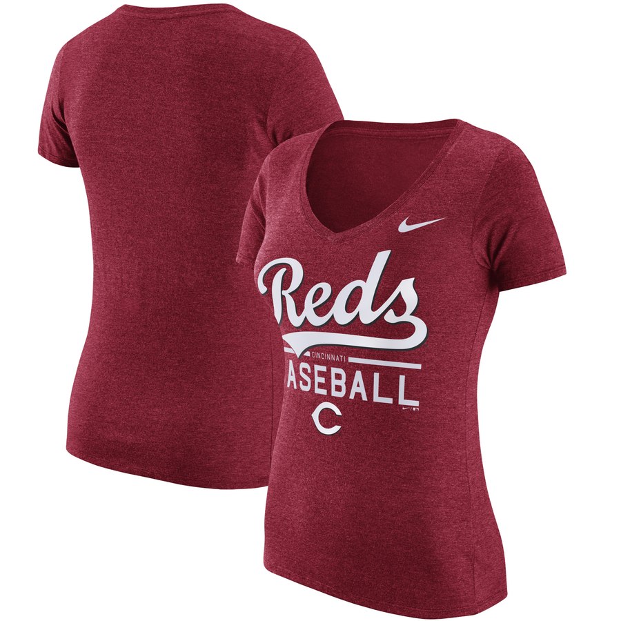 Cincinnati Reds Nike Women's Practice 1.7 Tri-Blend V-Neck T-Shirt Heathered Red