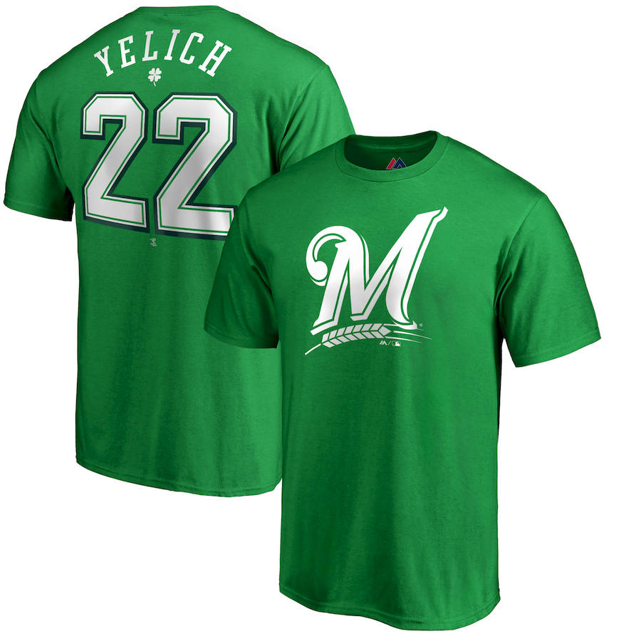 Milwaukee Brewers #22 Christian Yelich Majestic St. Patrick's Day Stack Player Name & Number T-Shirt Kelly Green