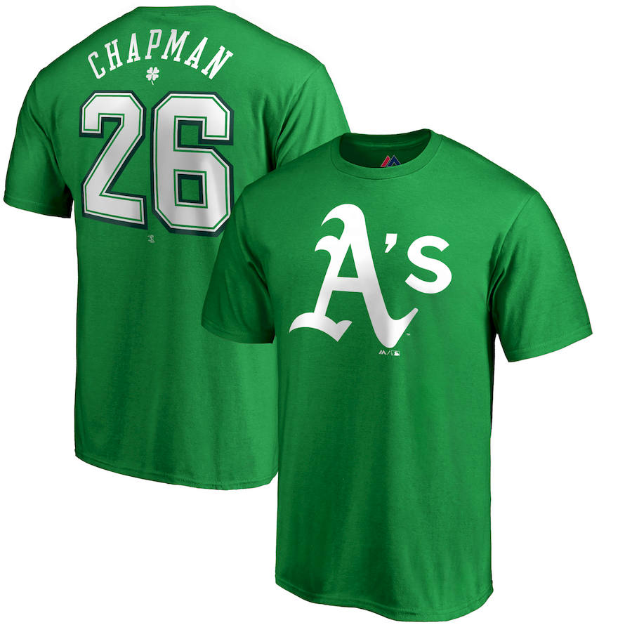 Oakland Athletics #26 Matt Chapman Majestic St. Patrick's Day Stack Player Name & Number T-Shirt Kelly Green