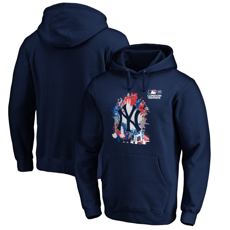 New York Yankees Majestic 2019 London Series Splatter Pullover Hoodie Navy