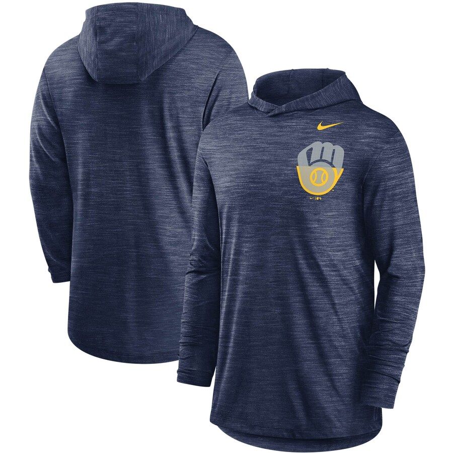 Milwaukee Brewers Nike Split Logo Performance Long Sleeve Hoodie Top Navy