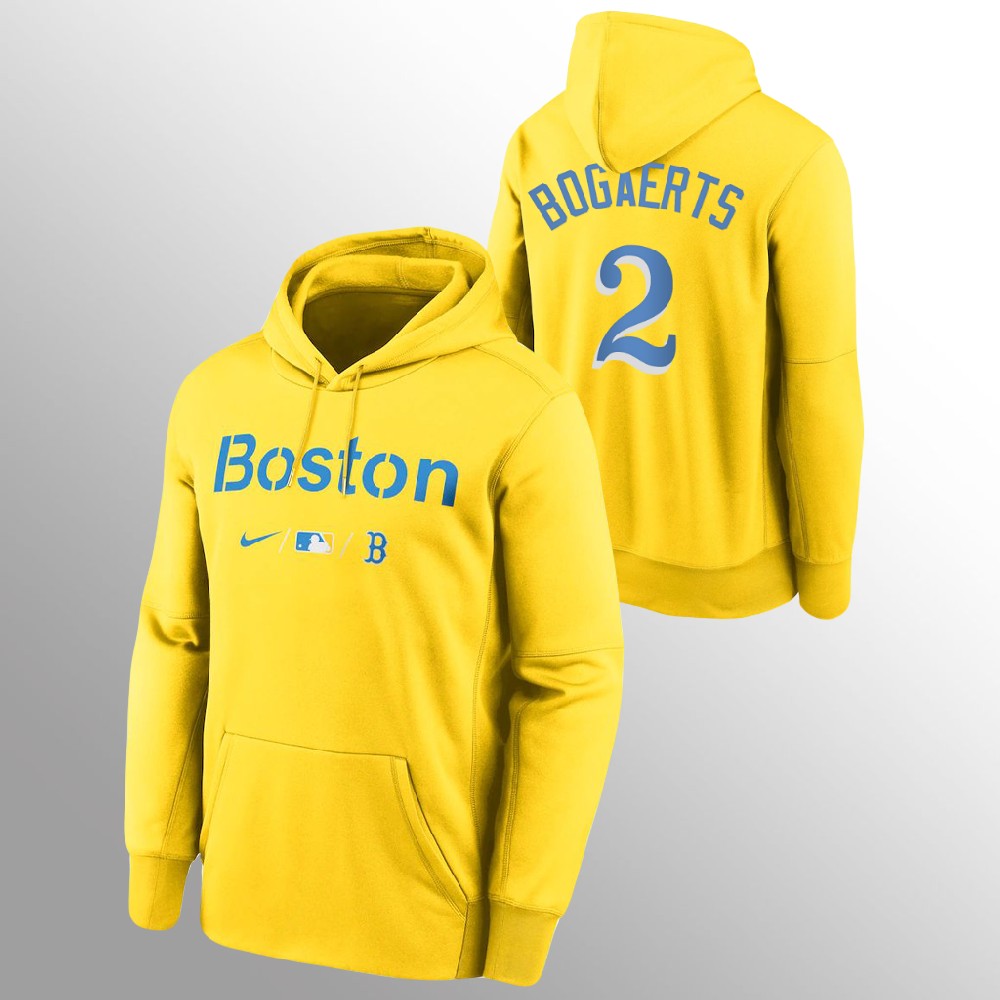 Boston Red Sox #2 Xander Bogaerts Men's 2021 City Connect Gold Pullover Baseball Hoodie