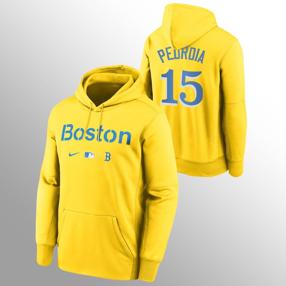 Boston Red Sox #15 Dustin Pedroia Men's 2021 City Connect Gold Pullover Baseball Hoodie