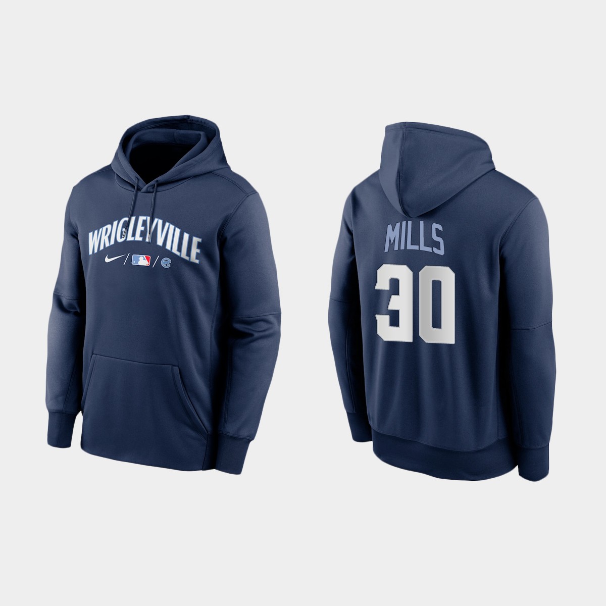 Chicago Cubs #30 Alec Mills Men's 2021 City Connect Navy Therma Hoodie