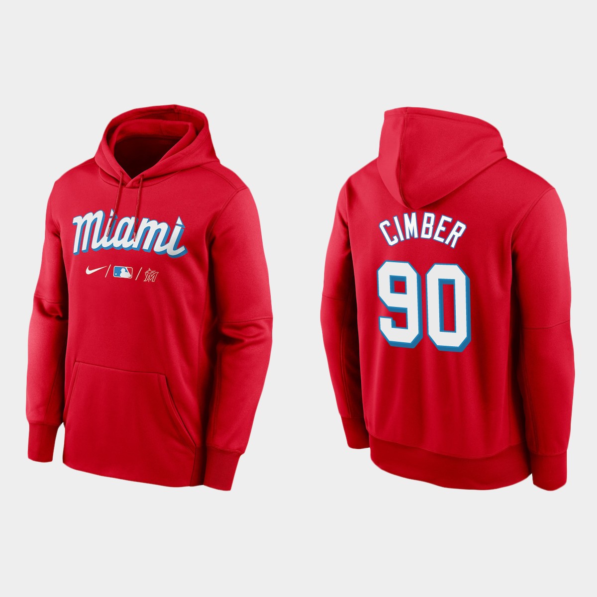 Miami Marlins #90 Adam Cimber Men's Nike 2021 City Connect Therma Hoodie Red