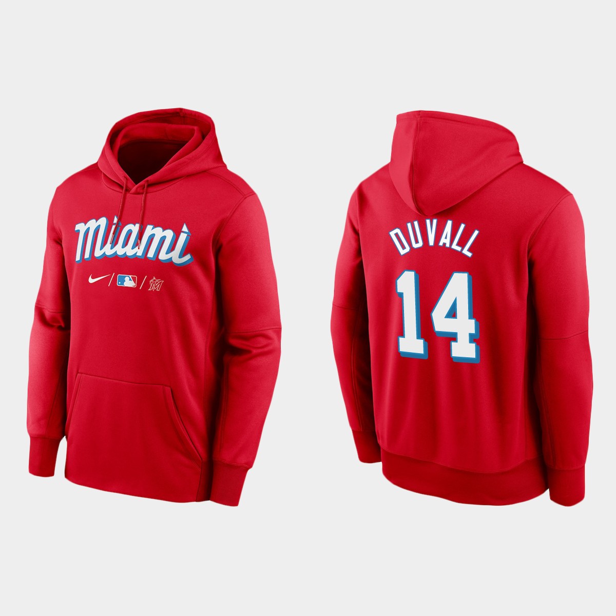 Miami Marlins #14 Adam Duvall Men's Nike 2021 City Connect Therma Hoodie Red