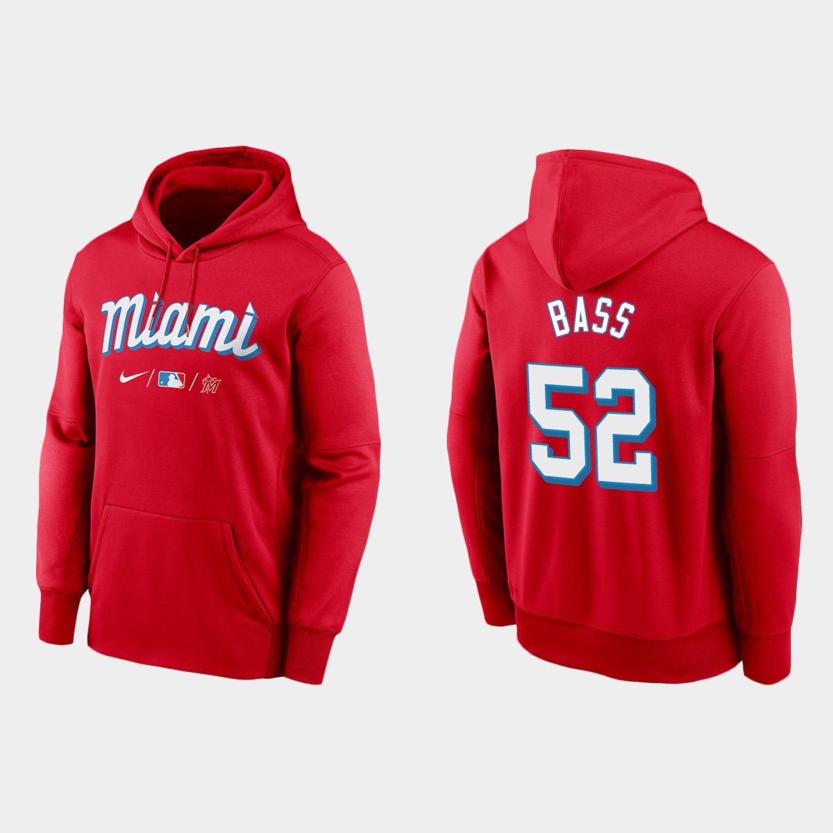 Miami Marlins #52 Anthony Bass Men's Nike 2021 City Connect Therma Hoodie Red