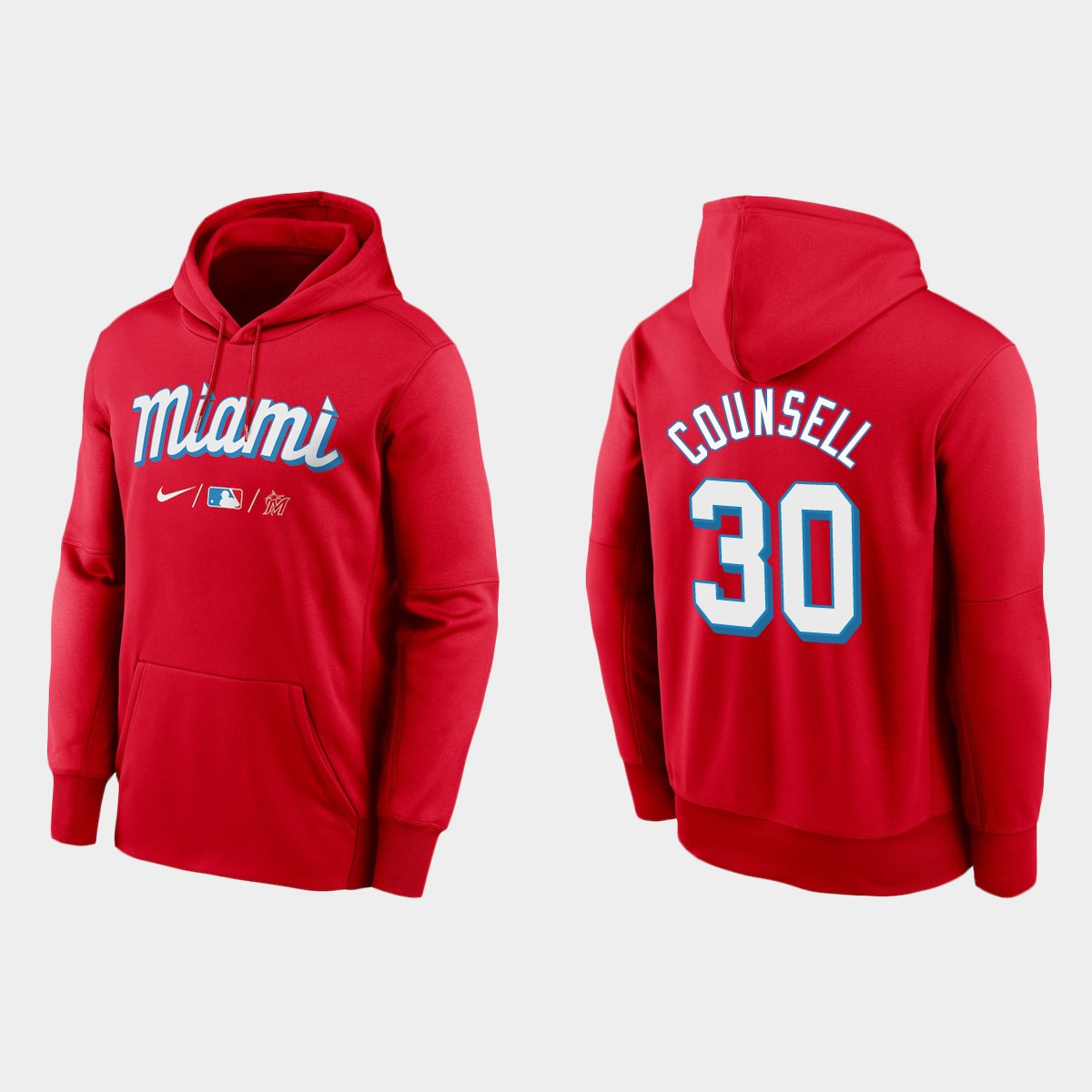 Miami Marlins #30 Craig Counsell Men's Nike 2021 City Connect Therma Hoodie Red