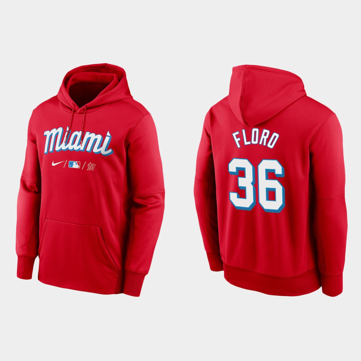 Miami Marlins #36 Dylan Floro Men's Nike 2021 City Connect Therma Hoodie Red