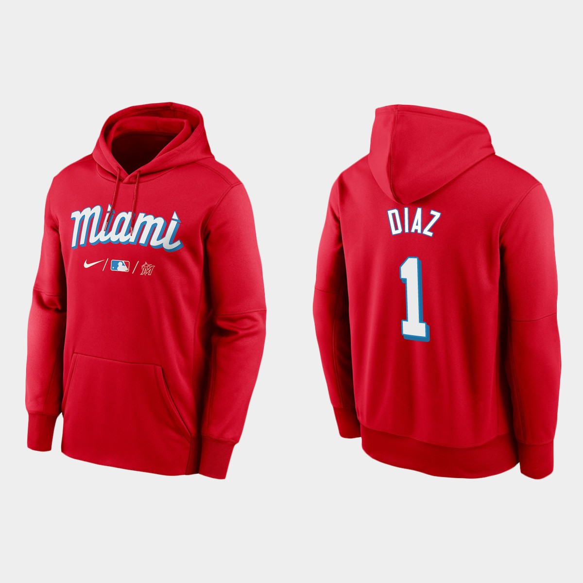 Miami Marlins #1 Isan Diaz Men's Nike 2021 City Connect Therma Hoodie Red