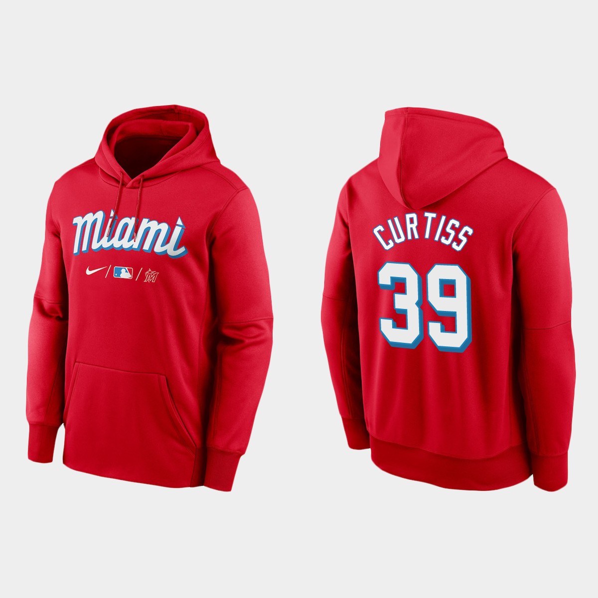 Miami Marlins #39 John Curtiss Men's Nike 2021 City Connect Therma Hoodie Red