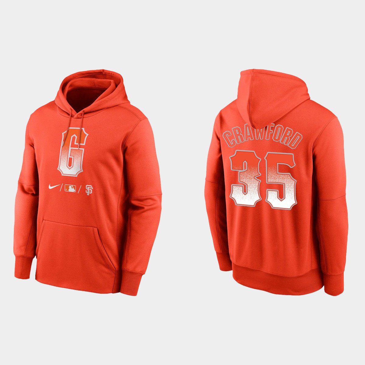 San Francisco Giants #35 Brandon Crawford Men's 2021 City Connect Therma Pullover Orange Hoodie