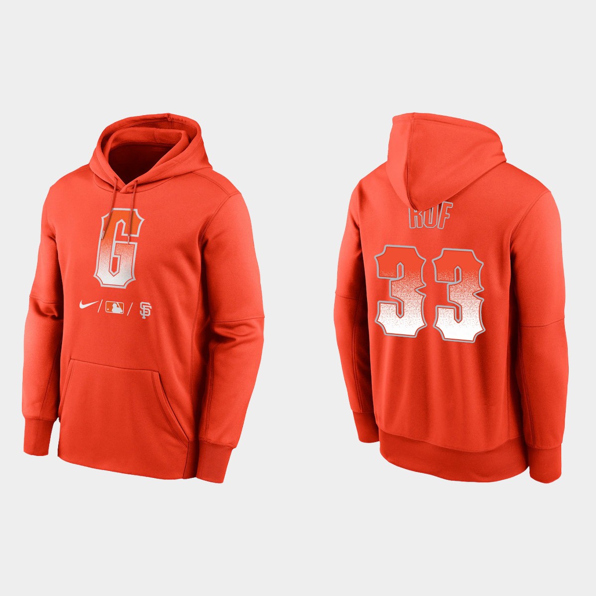 San Francisco Giants #33 Darin Ruf Men's 2021 City Connect Therma Pullover Orange Hoodie