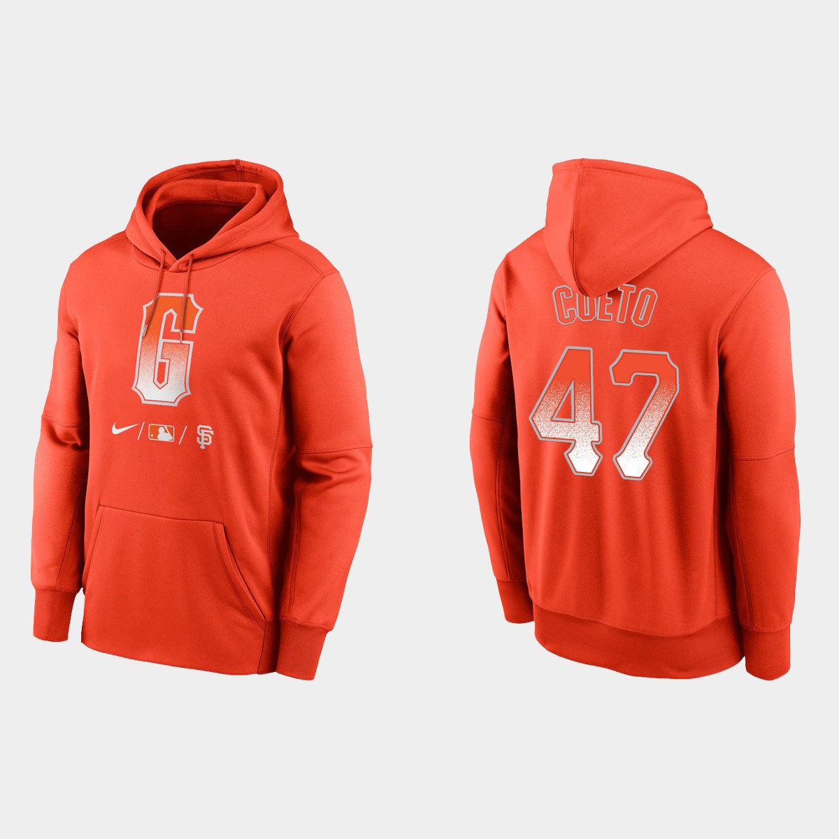 San Francisco Giants #47 Johnny Cueto Men's 2021 City Connect Therma Pullover Orange Hoodie