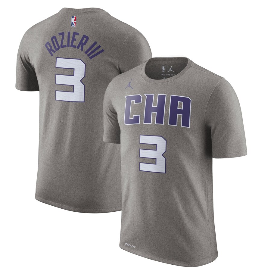 Men's Charlotte Hornets #3 Terry Rozier Jordan Brand Heather Gray 2019-20 City Edition Name & Number T-Shirt