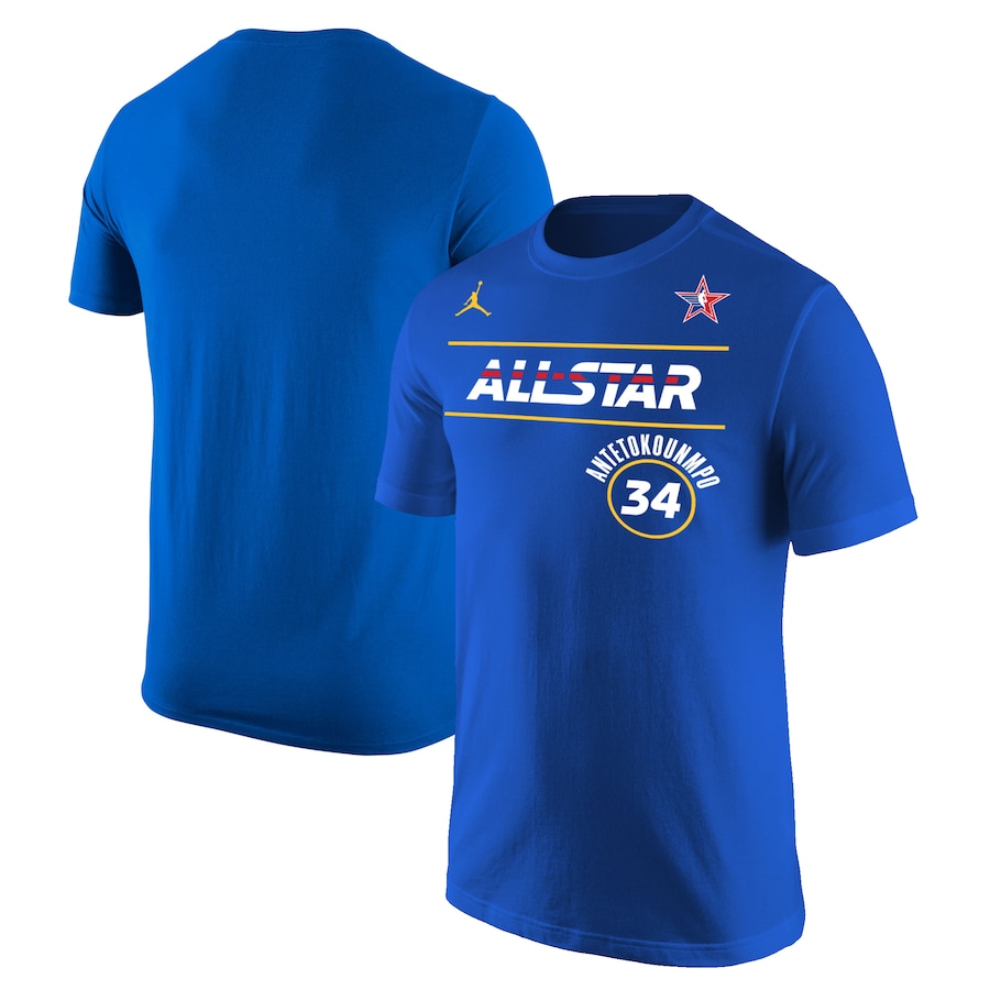 Men's #34 Giannis Antetokounmpo Jordan Brand Royal 2021 NBA All-Star Game Name & Number T-Shirt